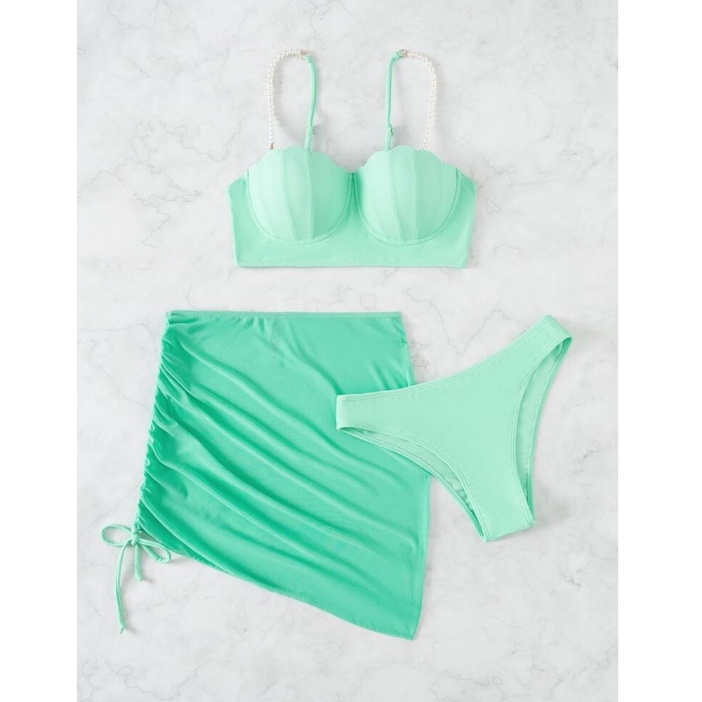 SHEIN Bikini XL Mint Green Aqua New 3pc Seashell Pearl Ruched Sarong Mermaid